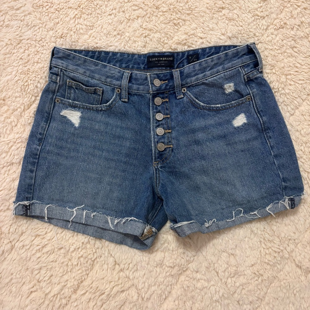 Lucky Brand  Boyfriend Denim Shorts Button Fly Distressed Cuffed